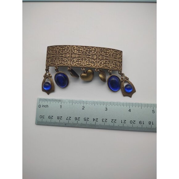 Vintage Rare French Charms Hair Barrette Clip Brass Tone Metal Cobalt Blue Glass main image 13